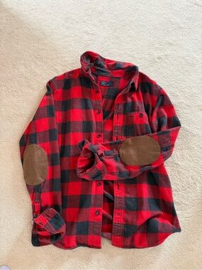 GAP Red and Black Plaid Button-Up Shirt with Brown Elbow Patches